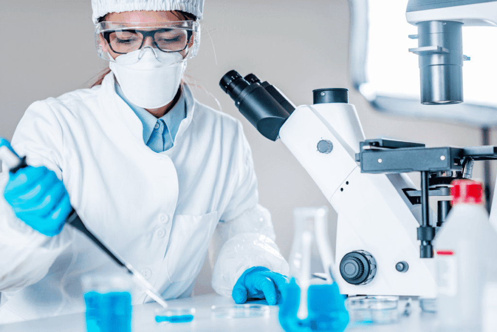 A female scientist in a white lab coat uses a laboratory pipette near a microscope in a research lab. 